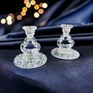 Cambridge Rose Point Crystal Candlesticks Pair Keyhole Stem Elegant Hollywood